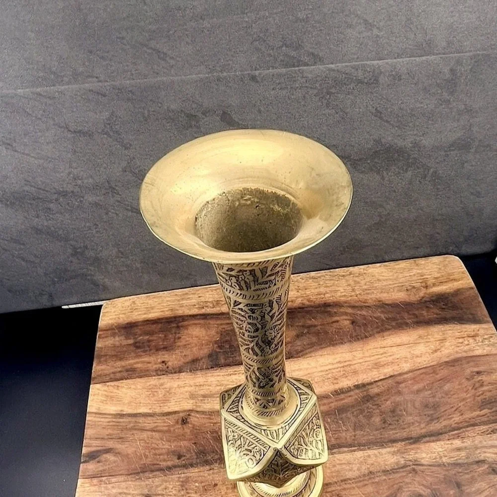 Vintage‎ Floral Brass Pedestal Vase - Made in India